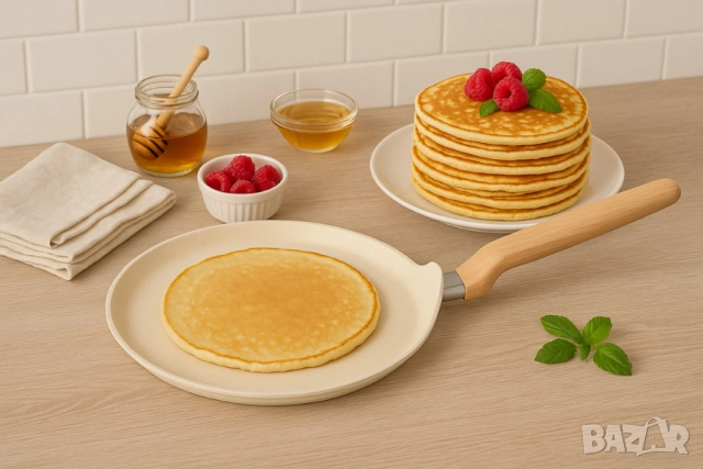 Тиган за палачинки Voltz Nice, 26x1.5см., Кован алуминий, Мраморно покр., Индукция, Кремав меланж, снимка 3 - Съдове за готвене - 52138261