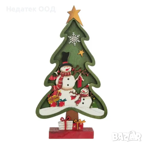  Коледна, Декоративна, Елха и снежен човек, Дърво, Зелен, 28.5см