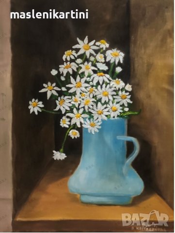 Ваза с маргаритки маслена картина , снимка 2 - Картини - 39723995