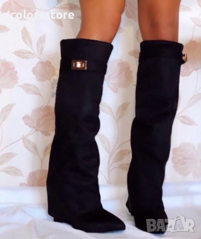 Ботуши на платформа - черен велур - K-40