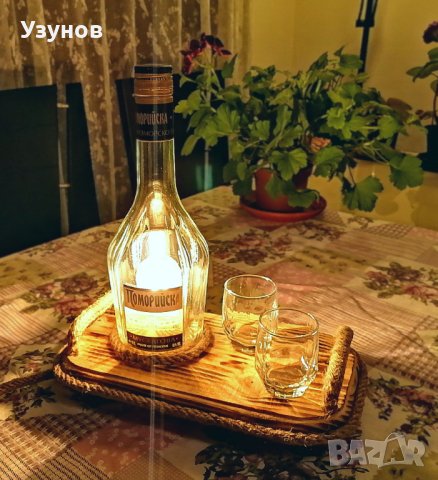 Ръчно изработена лампа за механа или барбекю от дърво, въже и стъклена бутилка и чашки., снимка 3 - Настолни лампи - 40978668