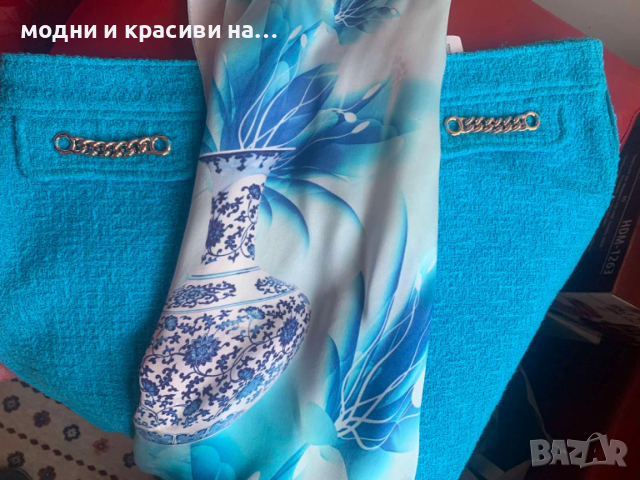 Красив копринен шал в синята гама, снимка 8 - Шалове - 52738588