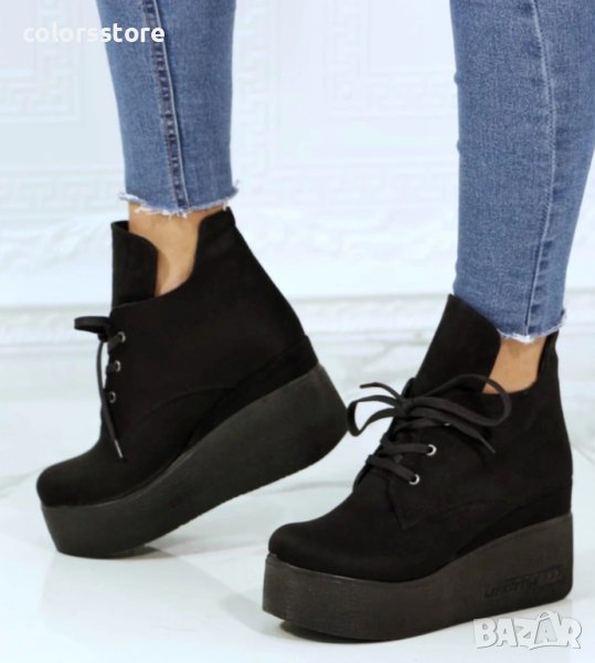 Боти на платформа - черен велур - 133K, снимка 1