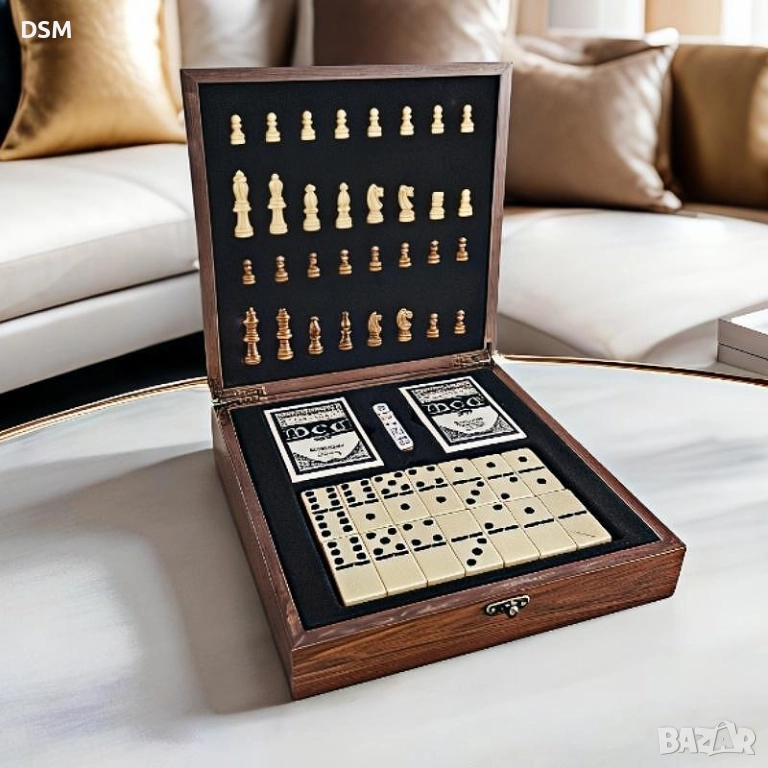 Нов Комплект Дървен Шах и Карти /Дървени Фигури /Настолна Игра - 24х24см, снимка 1