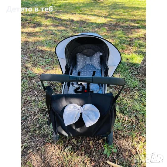 Чанта за бебешка количка черна с панделка Сиви звезди, снимка 1