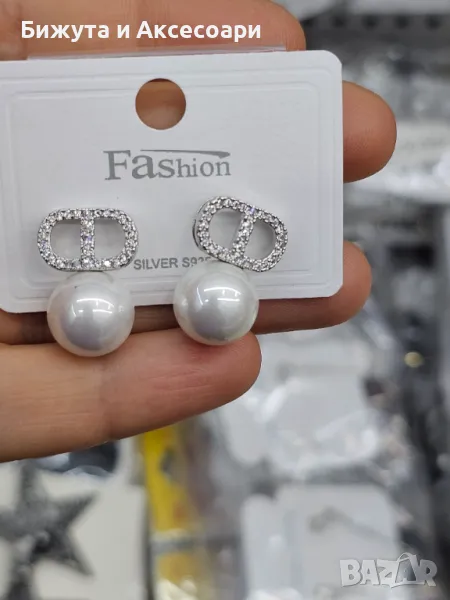 Обеци родий с перли и с кристали - 28425-14, снимка 1