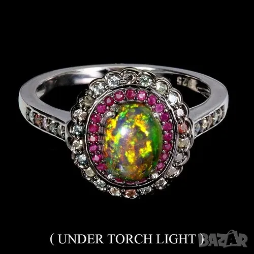 925 сребърен пръстен с огнен опал и рубини подходящ за подарък , снимка 1