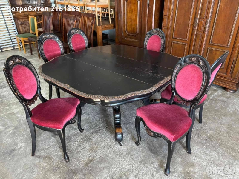 Антикварна маса със шест стола с красива дърворезба , снимка 1