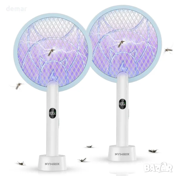 Електрическа ракета за мухи и комари Nymrix, 2 в 1 4100V с акумулаторна батерия 1800 mAh, 2 броя, снимка 1