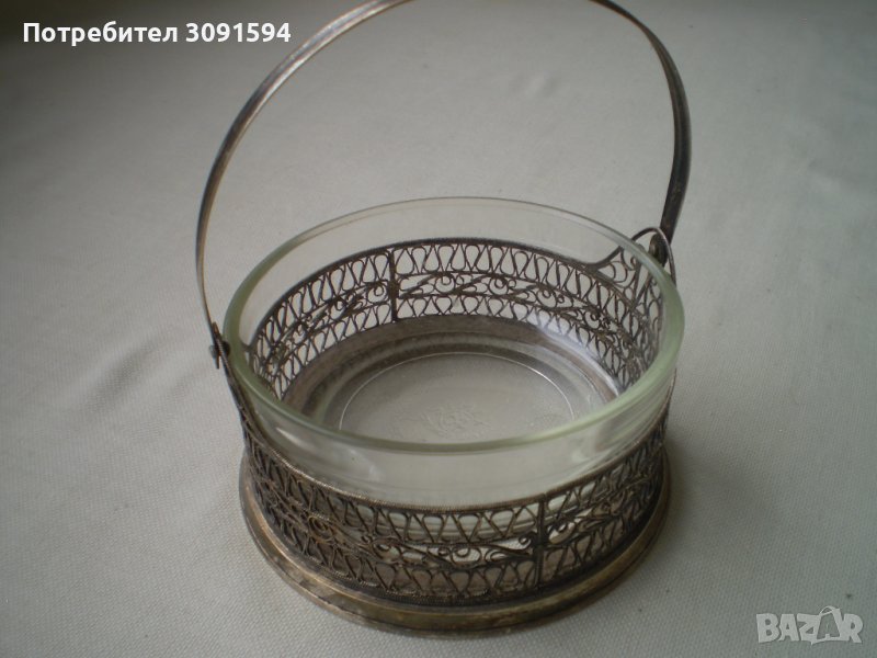 Винтидж кошница филигран със стъкло маркирана ЮММЕТ, снимка 1