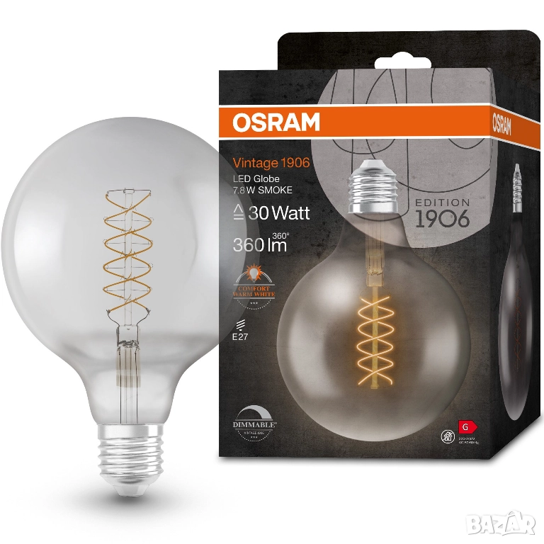 OSRAM декоративна крушка LED  G125, E27, 7.8W (30W), 360 лумена,, снимка 1