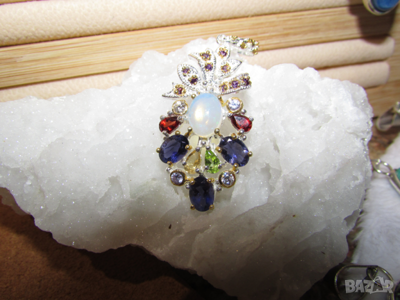 925 сребърно колие с опал, цитрин, перидот и иолит, снимка 1