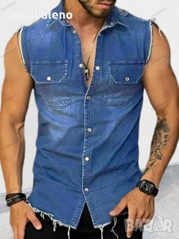 Мъжка дънкова риза без ръкави с ревер, 2цвята, снимка 2 - Ризи - 40849134