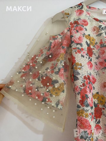 Маркова бутикова ефектна блузка с приказна декорация и прозрачни елементи в свеж флорален десен, снимка 2 - Туники - 33999620