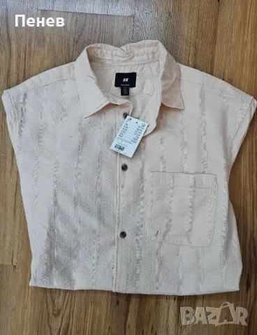 Мъжка риза с къс ръкав H&M бледорозова, снимка 3 - Ризи - 49895771