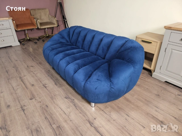 Син диван тройка от плат кадифе, снимка 3 - Дивани и мека мебел - 53716558