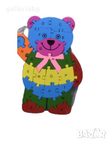 Дървен пъзел, мече - цифри, азбука, мозайка