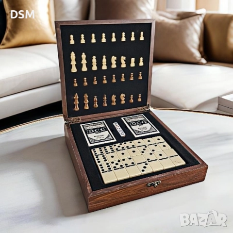 Нов Комплект Дървен Шах и Карти /Дървени Фигури /Настолна Игра - 24х24см