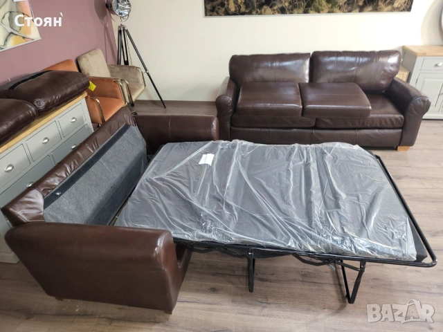 Кафяв кожен комплект дивани четворка и двойка с функция сън, снимка 8 - Дивани и мека мебел - 53755584