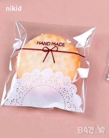 50 бр прозрачни дантела надпис hand made опаковъчни пликчета торбички за дребни сладки или др. по