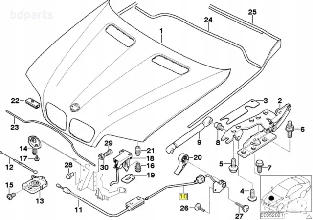 Жило за отваряне на преден капак BMW, X5 E53,, снимка 2 - Части - 56141940