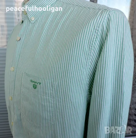 Gant Men`s Tee-Off Comfort Oxford Green/White Striped Long Sleeve Shirt Size L, снимка 10 - Ризи - 49034199