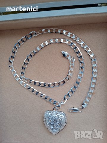 Нов, сребърен масивен ланец с масивно сърце-филигран и кутия.