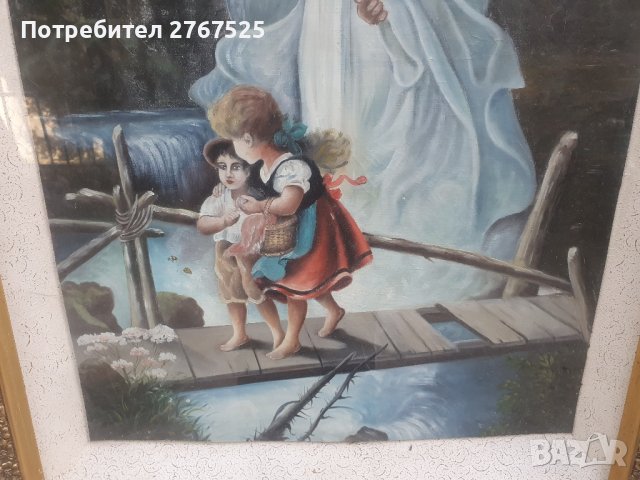 Стара Рисувана Картина на платно в перспектива Ангел пазител на децата, снимка 2 - Колекции - 42192914