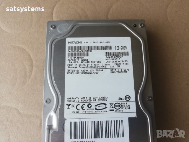 Хард диск Hitachi HDT721032SLA360 320GB SATA 3.0Gb/s, снимка 3 - Твърди дискове - 34279260