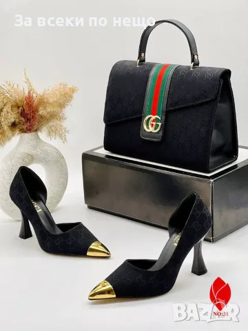 Gucci Дамски Елегантни Обувки С Ток Монограм Каишка И Метален Златен Връх - 2 Цвята Код SEM-719, снимка 6 - Дамски обувки на ток - 55972605