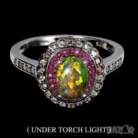 925 сребърен пръстен с огнен опал и рубини подходящ за подарък , снимка 1