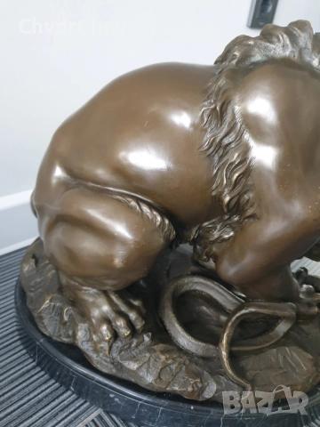 60см-22кг Barye статуя-композиция/голяма бронзова скулптура/фигура на лъв и змия, снимка 11 - Статуетки - 52840155