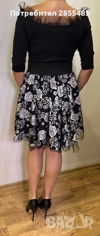 Рокля черна с бели цветя и тюл, снимка 3 - Рокли - 52015927