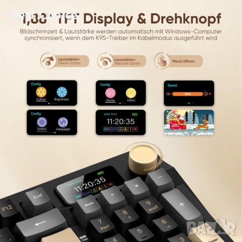 Безжична механична клавиатура RedThunder K95, TFT екран и копчета, трирежимна BT5.0/2.4GHz/USB-C, снимка 7 - Клавиатури и мишки - 53057398