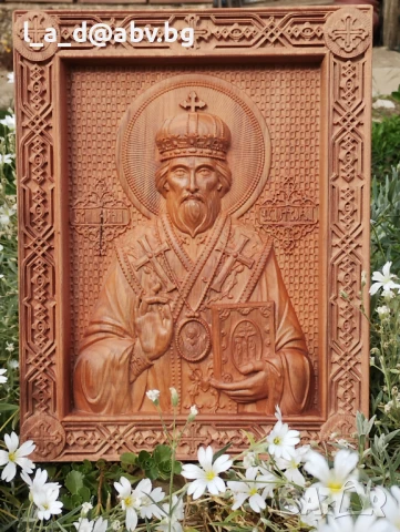 Икона на Свети Николай Чудотворец - авторска дърворезба