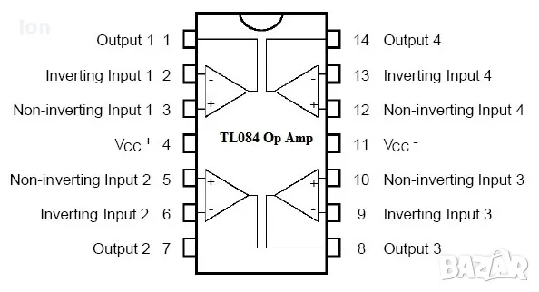 TL084 Четворен операционен усилвател с полеви транзистори на входа, молошумящ, снимка 2 - Друга електроника - 48855331