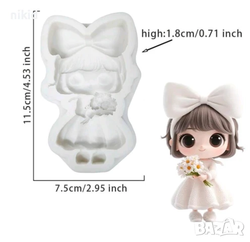 Момиче момиченце с голяма пандела и букет силиконов молд форма фондан, снимка 2 - Форми - 50898940
