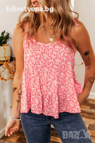 Дамски свободен топ с флорален принт и тънки регулируеми презрамки, снимка 1