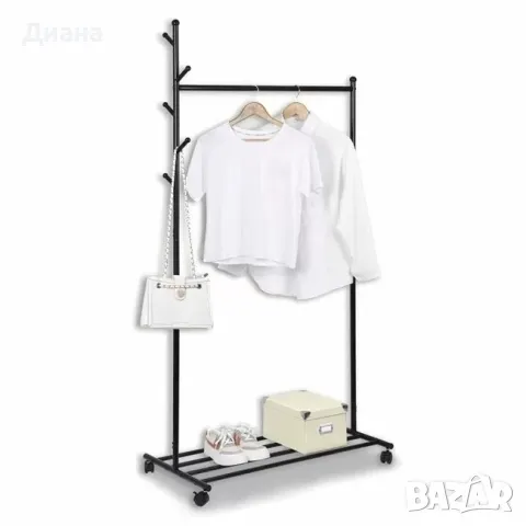 Щендер на колела за обувки и дрехи от стомана със закачалка релси и 5 броя куки, снимка 1