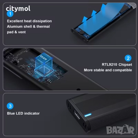 M.2 NVMe SSD кутия, 10Gbps, M.2 SSD към USB 3.1, 2 кабела, Windows7/8/10/11, Mac OS, Linux,, снимка 4 - Други - 52622588