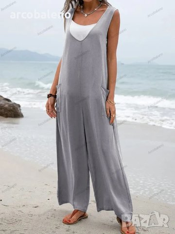 Дамски моден гащеризон с джоб с кръпка, широки панталони с V-образно деколте, 5цвята , снимка 15 - Гащеризони - 40114741