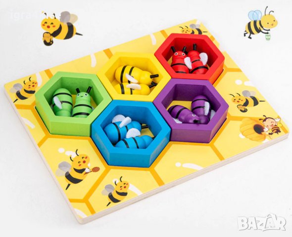 дървена играчка - кошер с пчели, хексагони и пинсети, снимка 4 - Образователни игри - 34751878