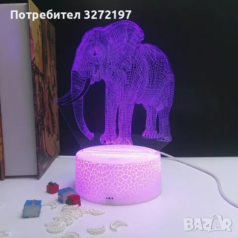 Холограмна 3D LED лампа Слон-дистанционно управление 16 цвята+други режими на управление, снимка 6 - Настолни лампи - 49504588