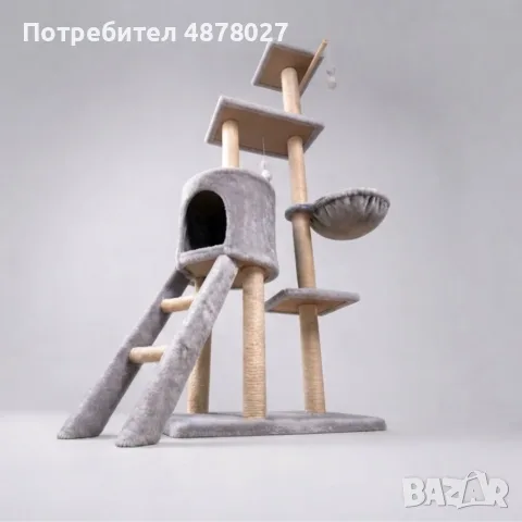 Котешка драскалка с къщичка, легло и платформи, 138 см, светлосива, снимка 5 - За котки - 55936987