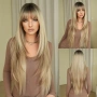 Дълга права синтетична перука 85 см на пластове - русо с кафяви фини кичури, омбре и тъмни корени, снимка 4