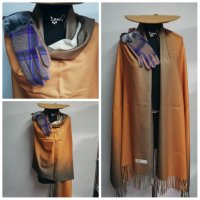 Луксозен комплект съдържащ : Кашмирен шал, елегантни ръкавици , барета и подарък брошка, снимка 11 - Шалове - 38968876