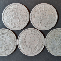 Франция на Виши 5 броя по 2 франка 1943, 1944, 1947, 1948 и 1950 к47, снимка 1 - Нумизматика и бонистика - 36166732