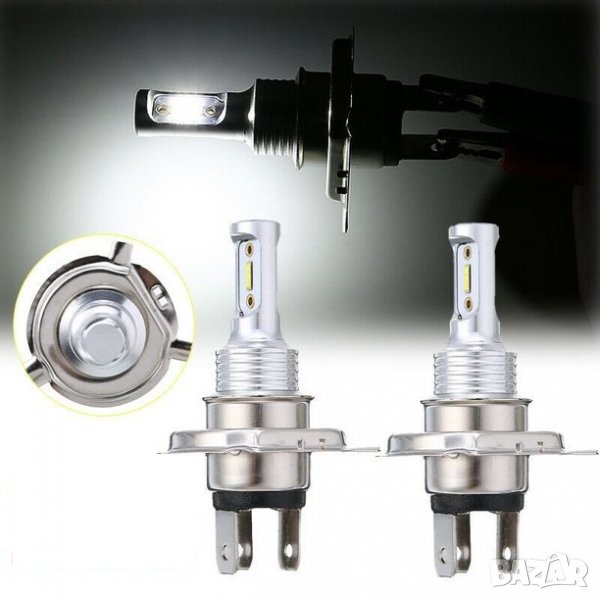 H4 ЛЕД Крушки за автомобил H4 LED Крушка за кола Х4 Без вентилатор, Бяла светлина. ХАШ 4, H4, H7, снимка 1