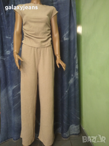 firest- летен комлект от кенар, цвят бежов, широк панталон с ластик, снимка 1