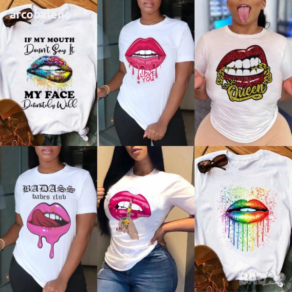 Дамска тениска с графичен принт на устни за свободното време, 7цвята , снимка 1